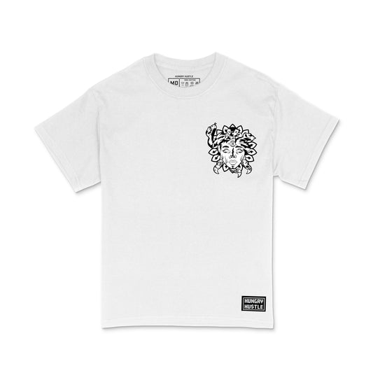 Hungry Hustle by JagRaw Mens "Medusa" Left Chest T-shirt - White