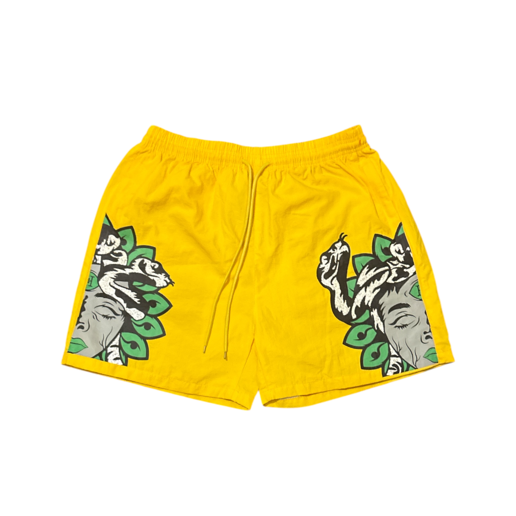 Medusa Head Mesh Shorts- Yellow/Green/White
